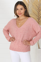 Carol Knit Top - Soft V Neck Batwing Sleeve Knit Top in Coral Pink