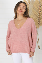 Carol Knit Top - Soft V Neck Batwing Sleeve Knit Top in Coral Pink