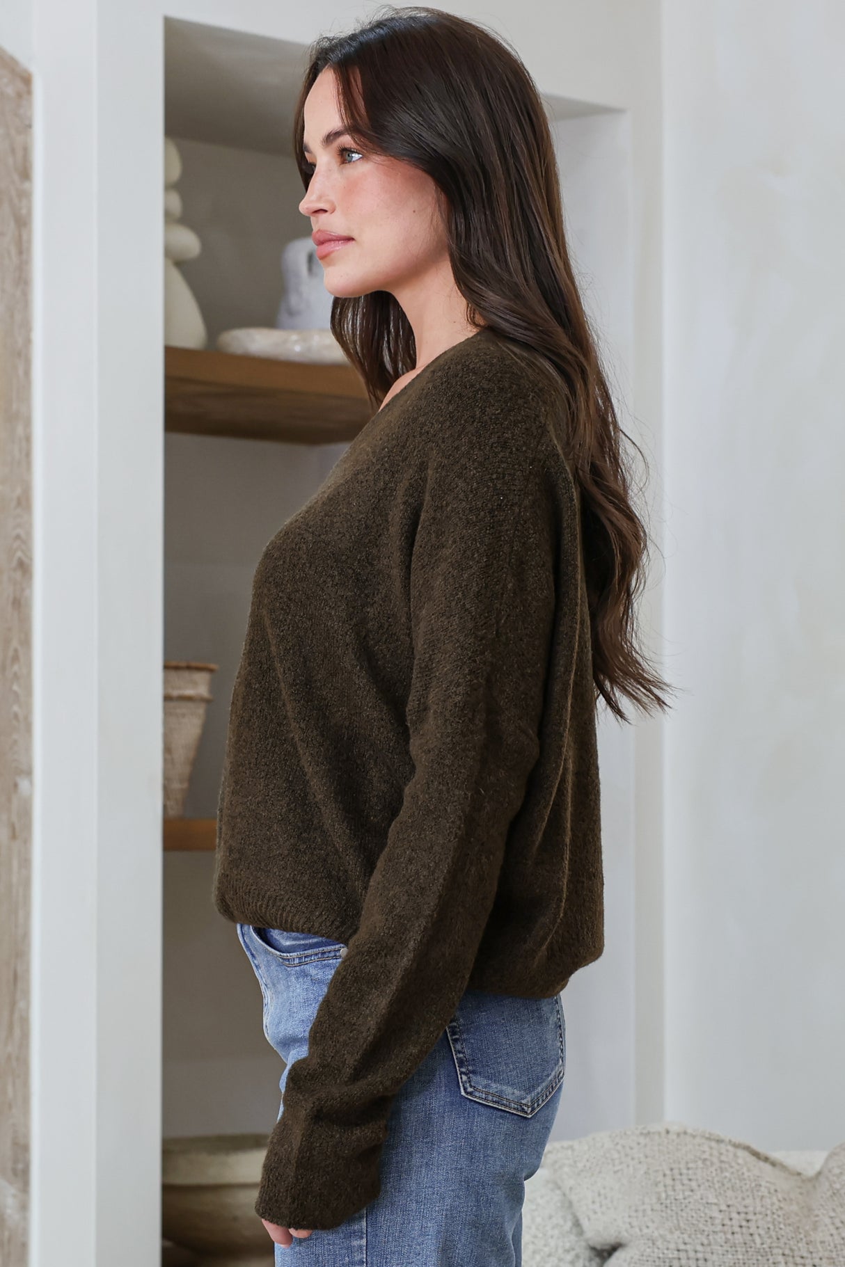 Carol Knit Top - Soft V Neck Batwing Sleeve Knit Top in Dark Chocolate