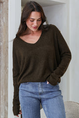 Carol Knit Top - Soft V Neck Batwing Sleeve Knit Top in Dark Chocolate