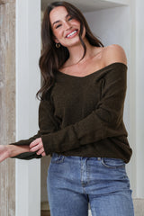 Carol Knit Top - Soft V Neck Batwing Sleeve Knit Top in Dark Chocolate