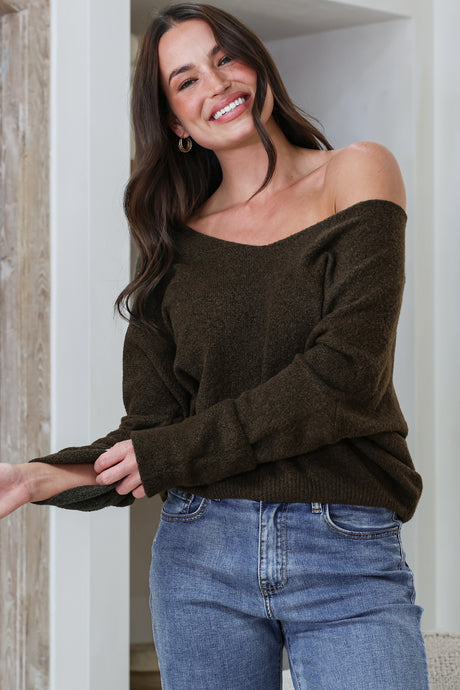 Carol Knit Top - Soft V Neck Batwing Sleeve Knit Top in Dark Chocolate