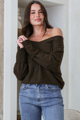 Carol Knit Top - Soft V Neck Batwing Sleeve Knit Top in Dark Chocolate