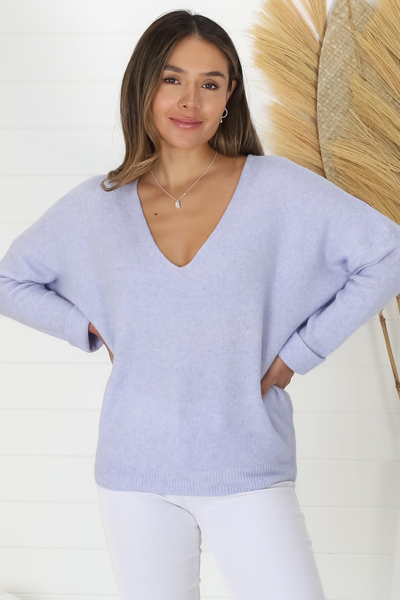 Carol Knit Top - Soft V Neck Batwing Sleeve Knit Top in Lavendar Blue