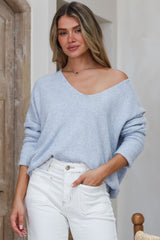 Carol Knit Top - Soft V Neck Batwing Sleeve Knit Top in Light Denim Blue