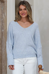 Carol Knit Top - Soft V Neck Batwing Sleeve Knit Top in Light Denim Blue