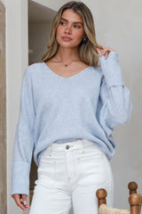 Carol Knit Top - Soft V Neck Batwing Sleeve Knit Top in Light Denim Blue