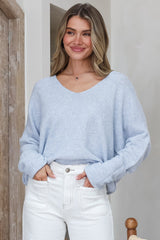 Carol Knit Top - Soft V Neck Batwing Sleeve Knit Top in Light Denim Blue