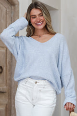 Carol Knit Top - Soft V Neck Batwing Sleeve Knit Top in Light Denim Blue