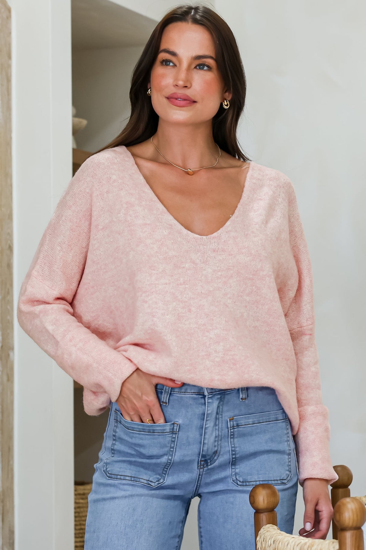 Carol Knit Top - Soft V Neck Batwing Sleeve Knit Top in Pink