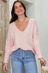 Carol Knit Top - Soft V Neck Batwing Sleeve Knit Top in Pink