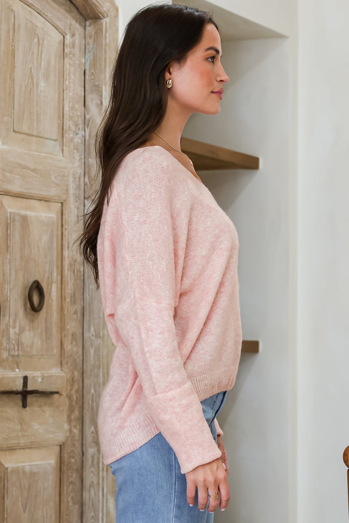 Carol Knit Top - Soft V Neck Batwing Sleeve Knit Top in Pink
