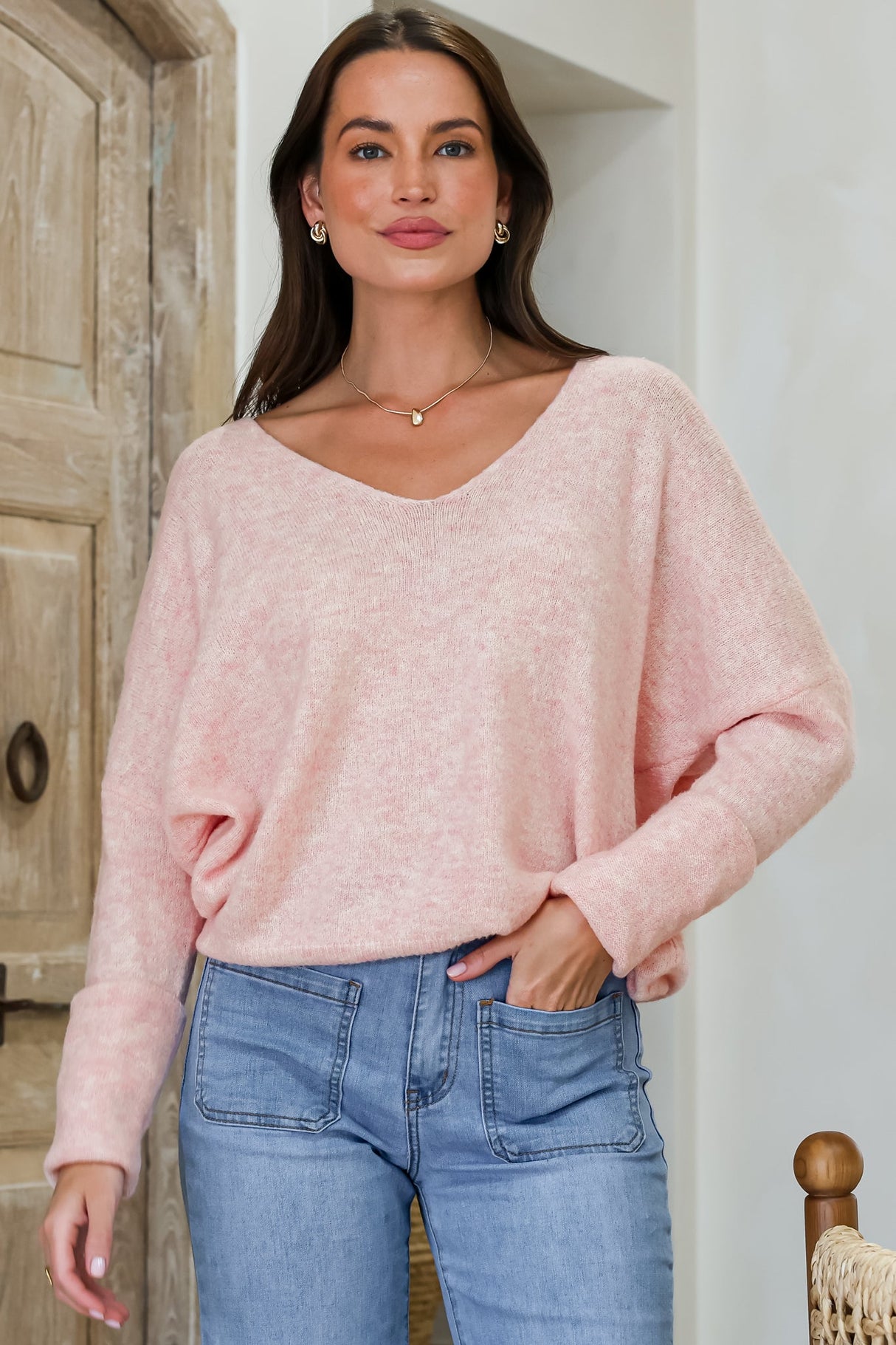Model wearing Carol Knit Top in Pink from Salty Crush