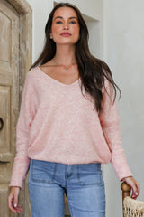 Carol Knit Top - Soft V Neck Batwing Sleeve Knit Top in Pink