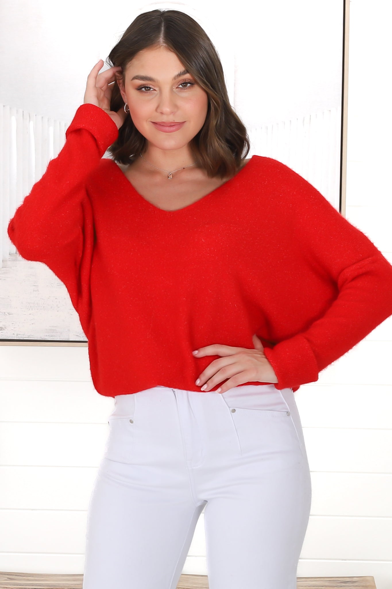 Carol Knit Top - Soft V Neck Batwing Sleeve Knit Top in Red