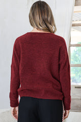 Carol Knit Top - Soft V Neck Batwing Sleeve Knit Top in Wine