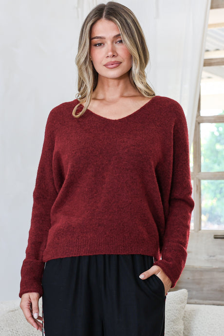 Model wearing Carol Knit Top in Wine from Salty Crush