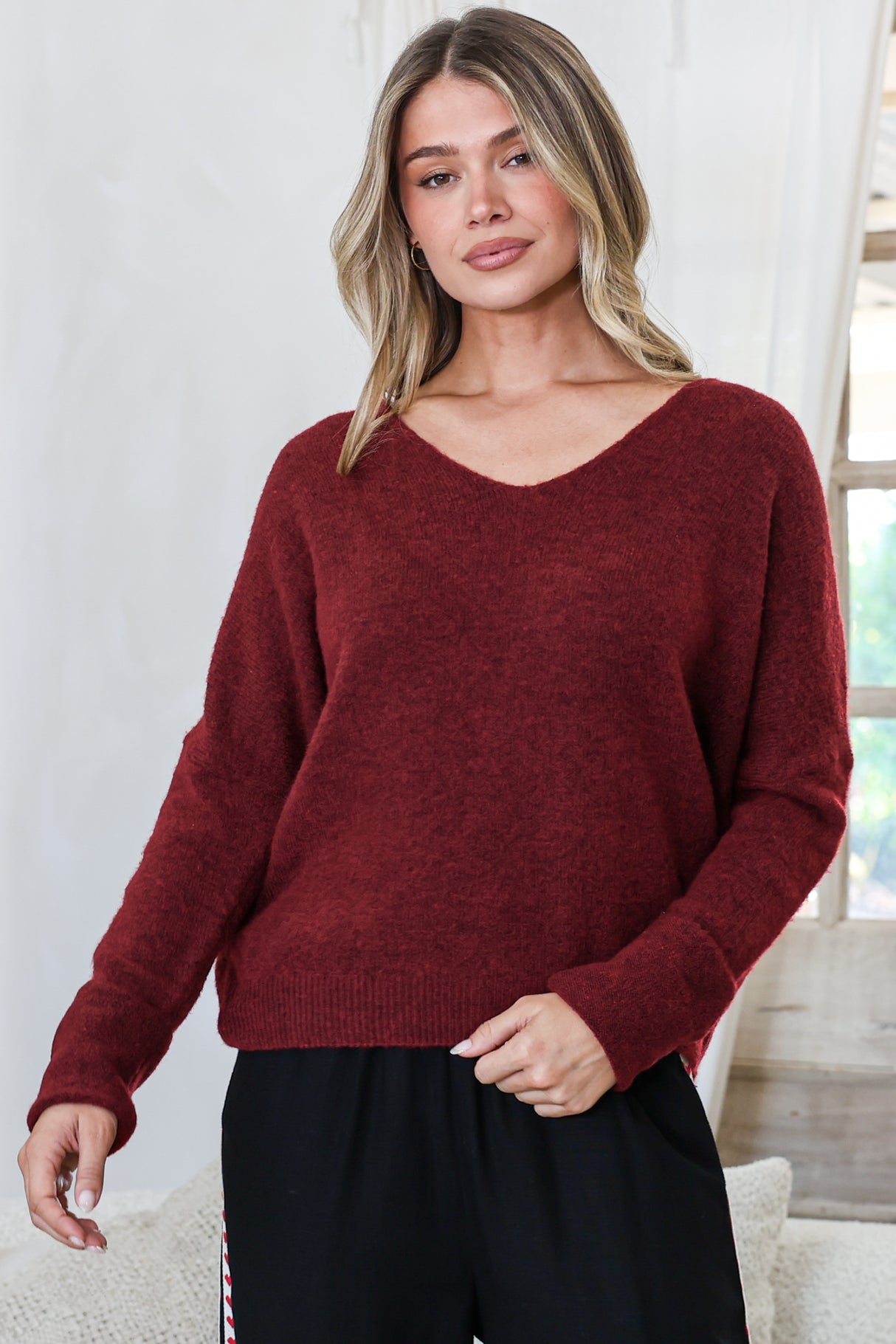 Carol Knit Top - Soft V Neck Batwing Sleeve Knit Top in Wine