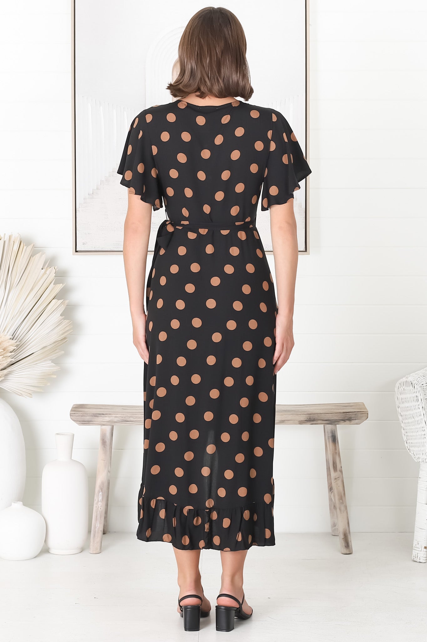 Carolina Midi Dress - V Neck Wrap Dress with Ruffle High Low Hemline in Mahony Print