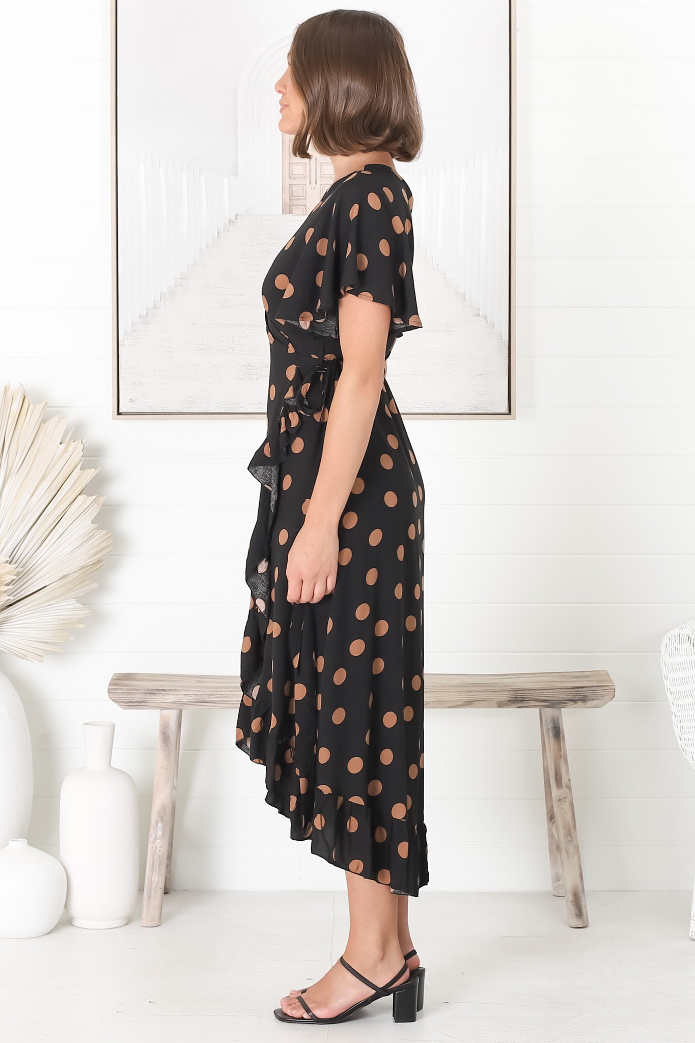 Carolina Midi Dress - V Neck Wrap Dress with Ruffle High Low Hemline in Mahony Print