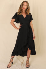 Carolina Midi Dress - V Neck Wrap Dress with Ruffle High Low Hemline in Black