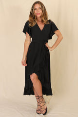 Carolina Midi Dress - V Neck Wrap Dress with Ruffle High Low Hemline in Black