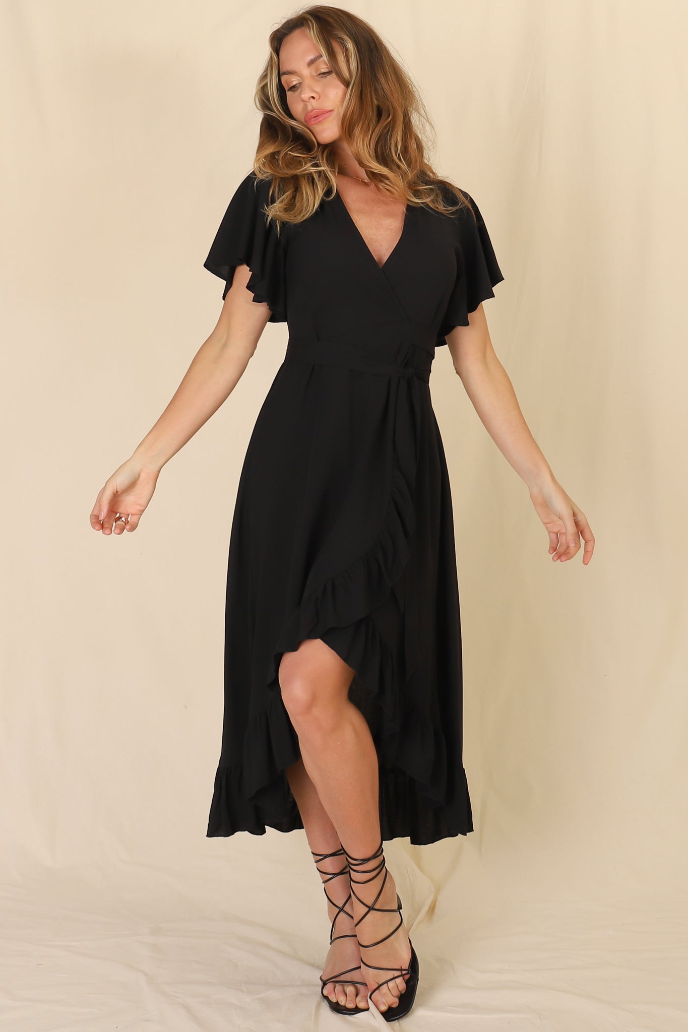 Carolina Midi Dress - V Neck Wrap Dress with Ruffle High Low Hemline in Black