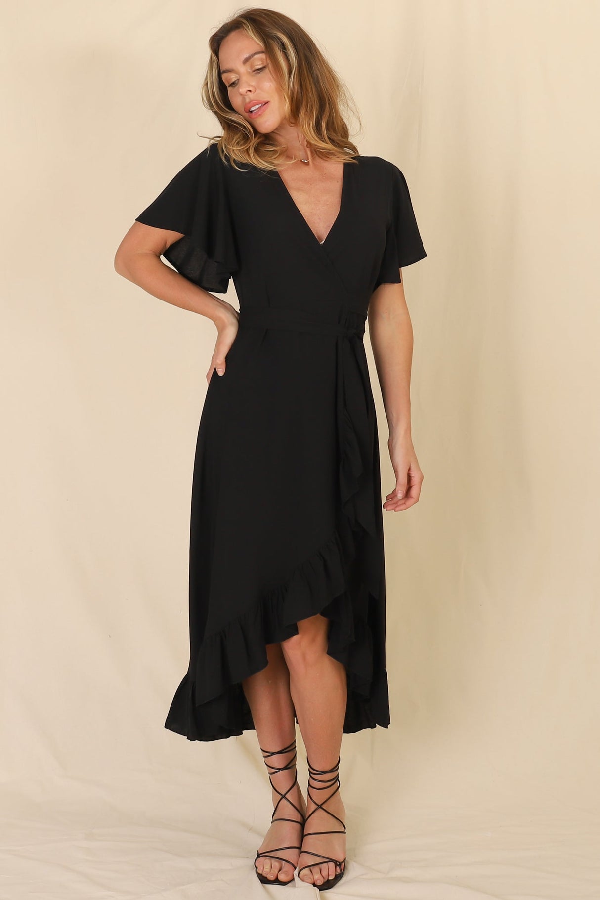 Carolina Midi Dress - V Neck Wrap Dress with Ruffle High Low Hemline in Black