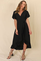 Carolina Midi Dress - V Neck Wrap Dress with Ruffle High Low Hemline in Black