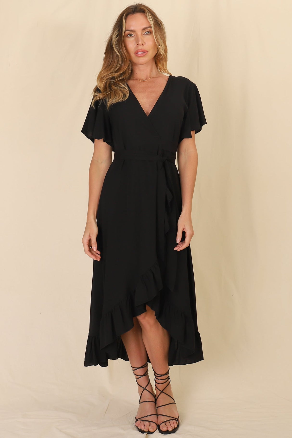 Carolina Midi Dress - V Neck Wrap Dress with Ruffle High Low Hemline in Black