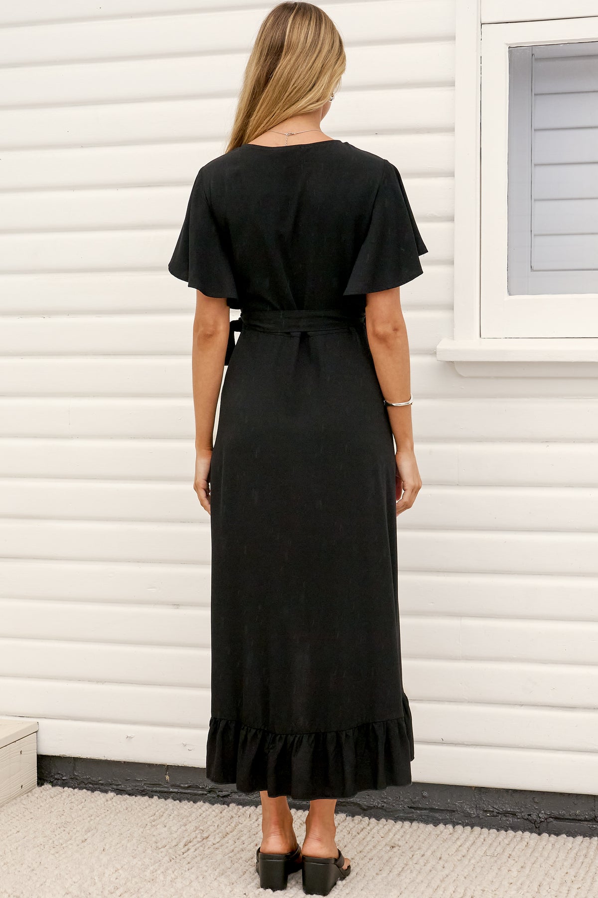 Carolina Midi Dress - V Neck Wrap Dress with Ruffle High Low Hemline in Black