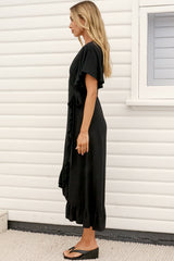 Carolina Midi Dress - V Neck Wrap Dress with Ruffle High Low Hemline in Black