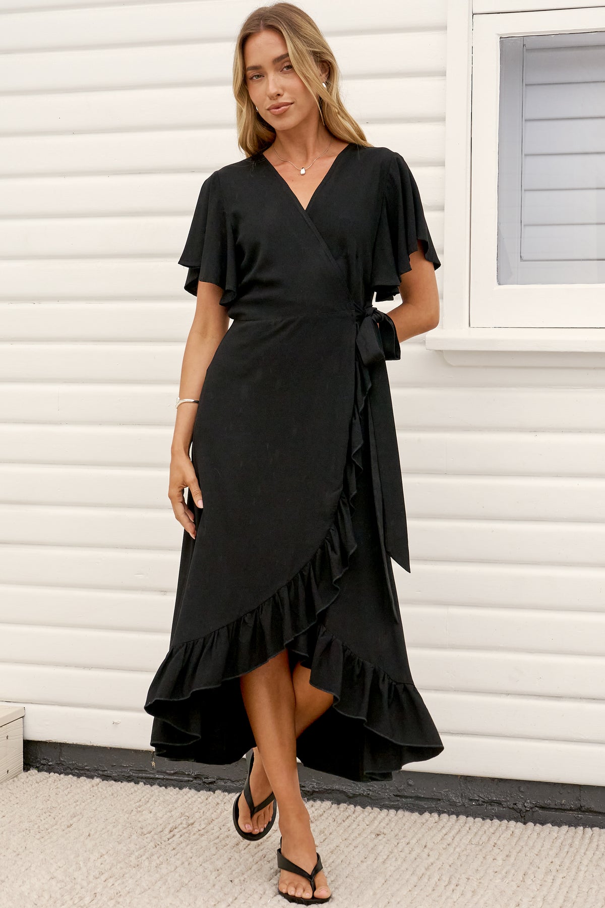 Carolina Midi Dress - V Neck Wrap Dress with Ruffle High Low Hemline in Black