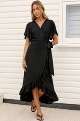 Carolina Midi Dress - V Neck Wrap Dress with Ruffle High Low Hemline in Black