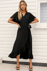 Carolina Midi Dress - V Neck Wrap Dress with Ruffle High Low Hemline in Black