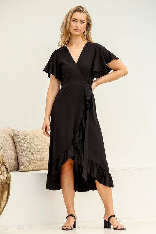 Carolina Midi Dress - V Neck Wrap Dress with Ruffle High Low Hemline in Black