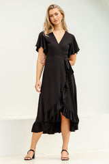 Carolina Midi Dress - V Neck Wrap Dress with Ruffle High Low Hemline in Black