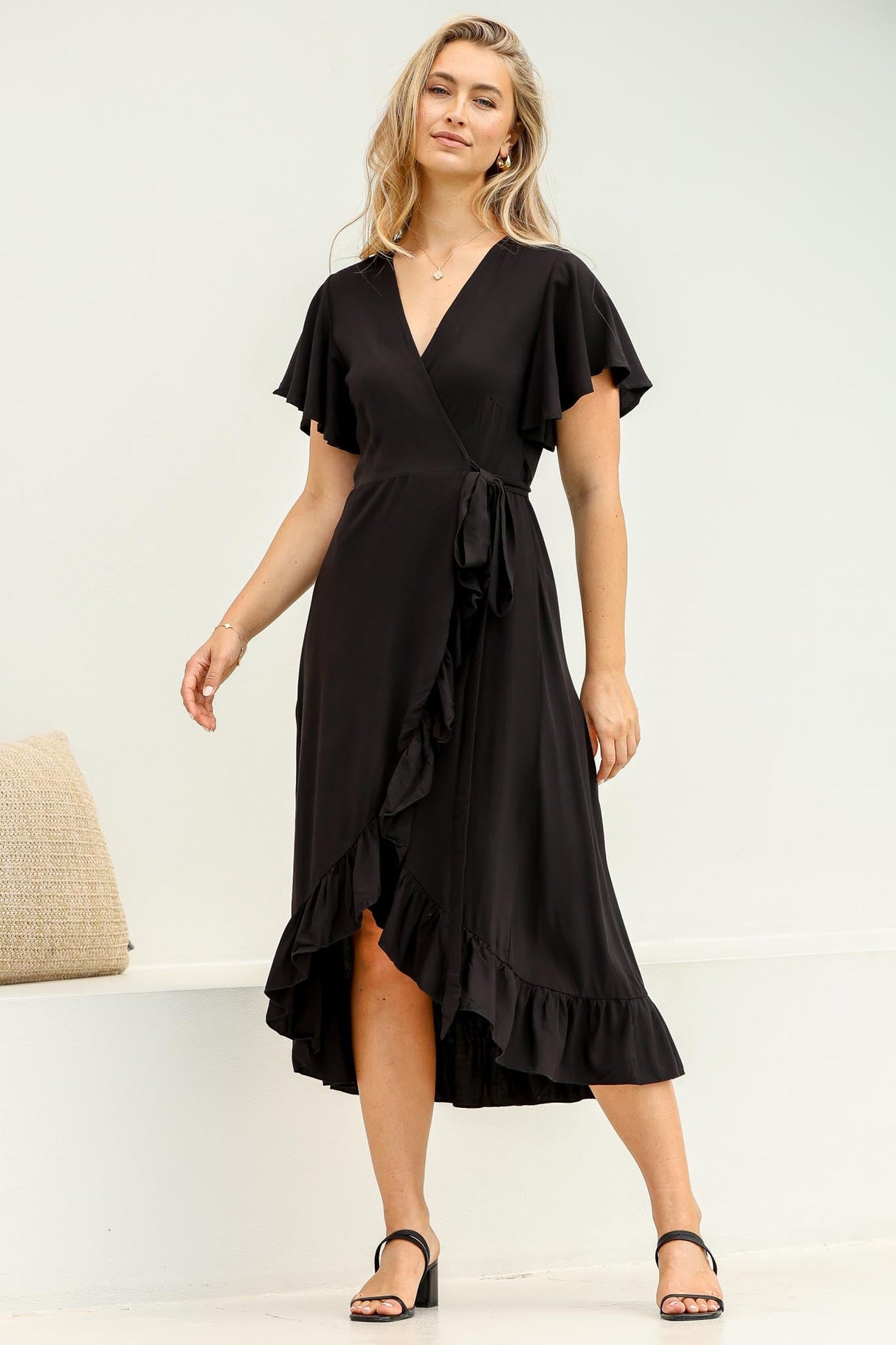 Carolina Midi Dress - V Neck Wrap Dress with Ruffle High Low Hemline in Black