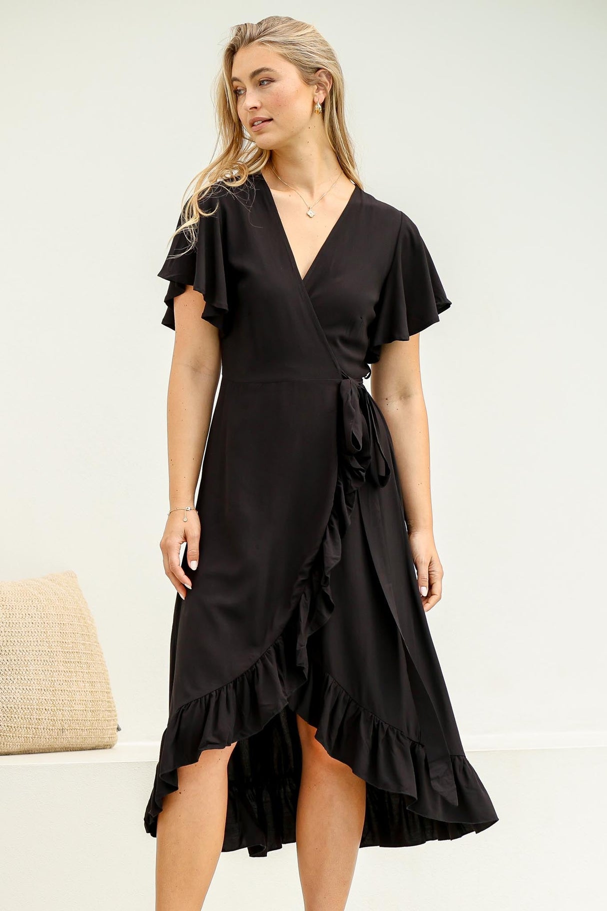 Carolina Midi Dress - V Neck Wrap Dress with Ruffle High Low Hemline in Black