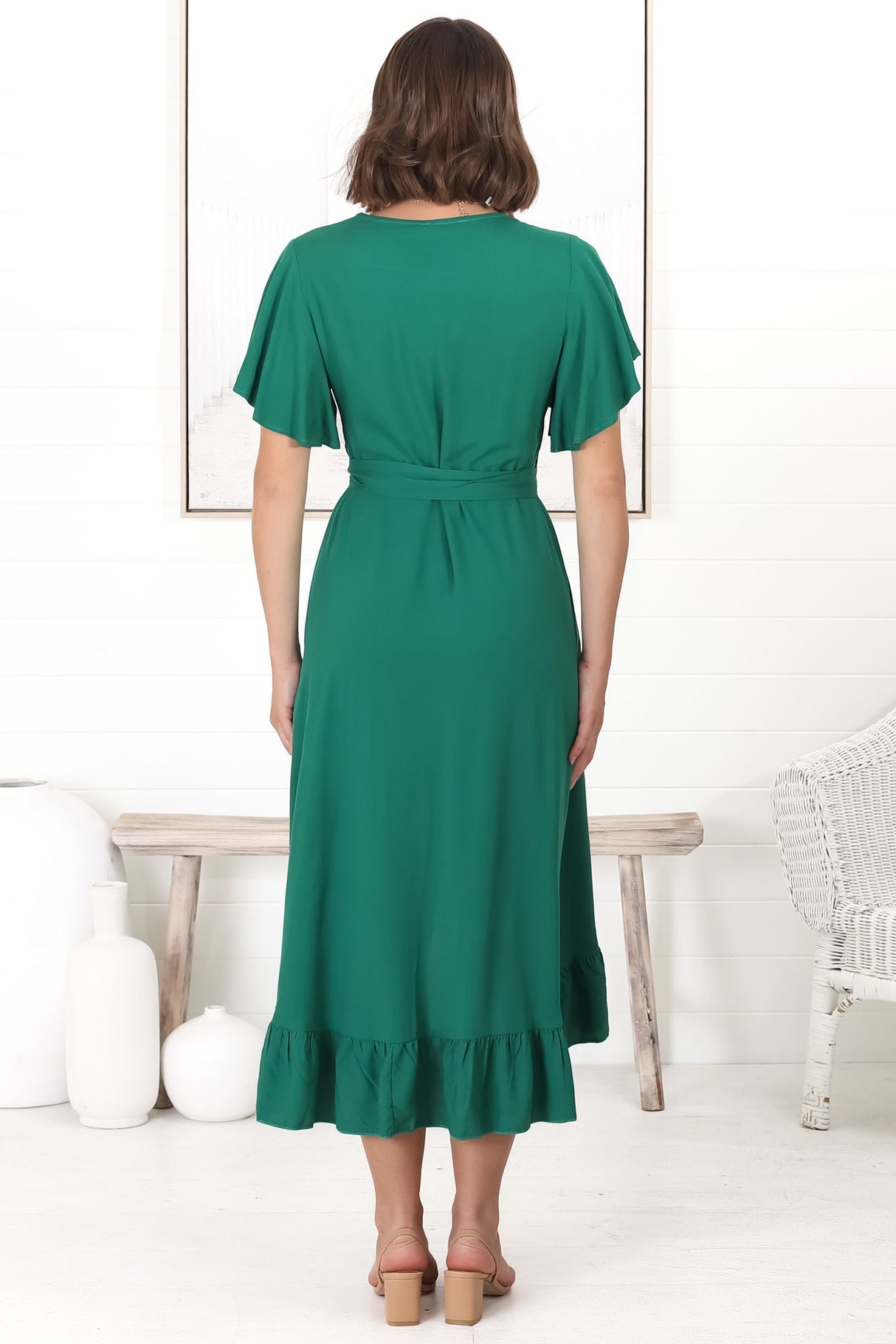 Carolina Midi Dress - V Neck Wrap Dress with Ruffle High Low Hemline in Emerald