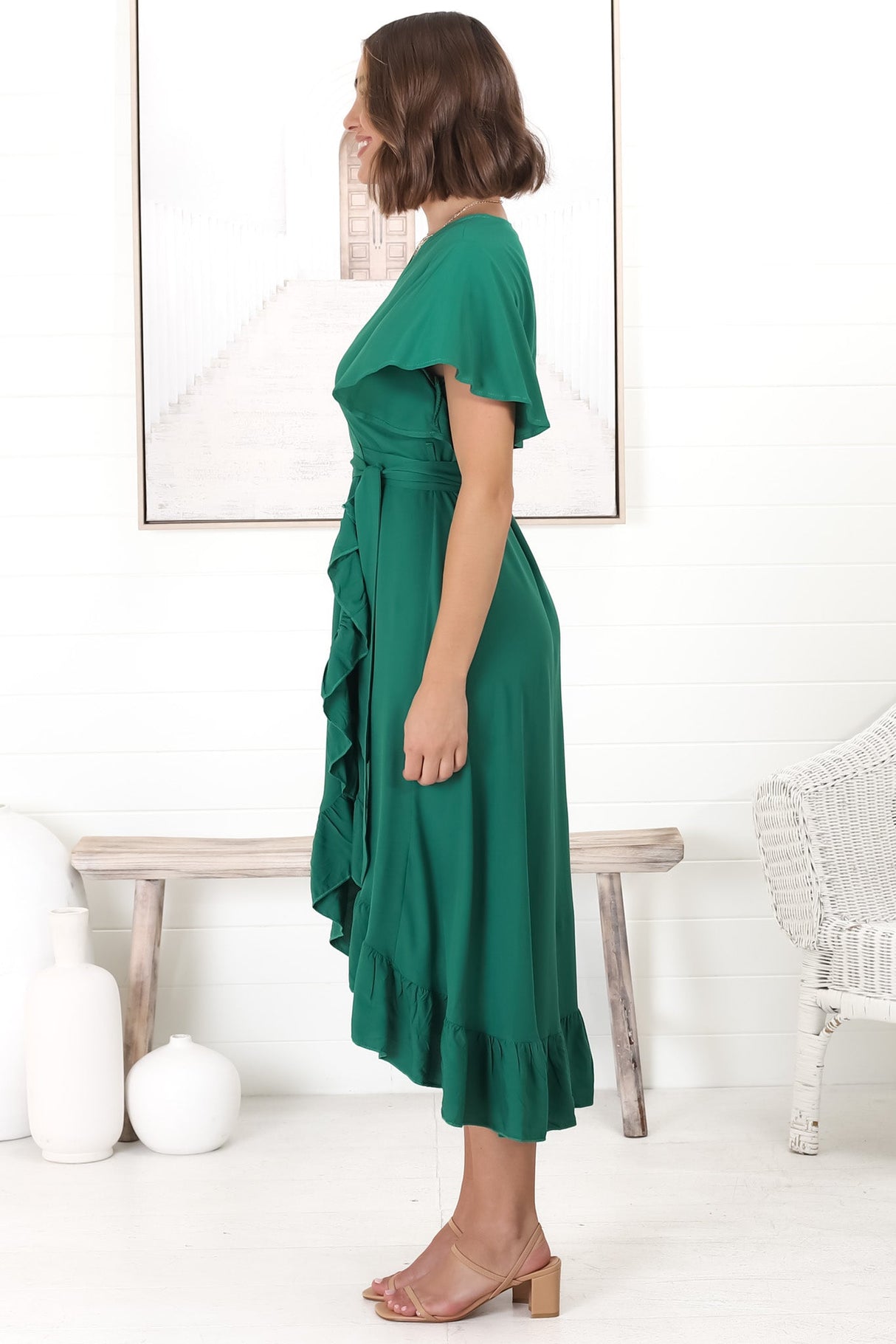 Carolina Midi Dress - V Neck Wrap Dress with Ruffle High Low Hemline in Emerald