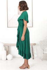 Carolina Midi Dress - V Neck Wrap Dress with Ruffle High Low Hemline in Emerald