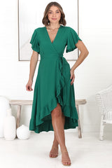 Carolina Midi Dress - V Neck Wrap Dress with Ruffle High Low Hemline in Emerald