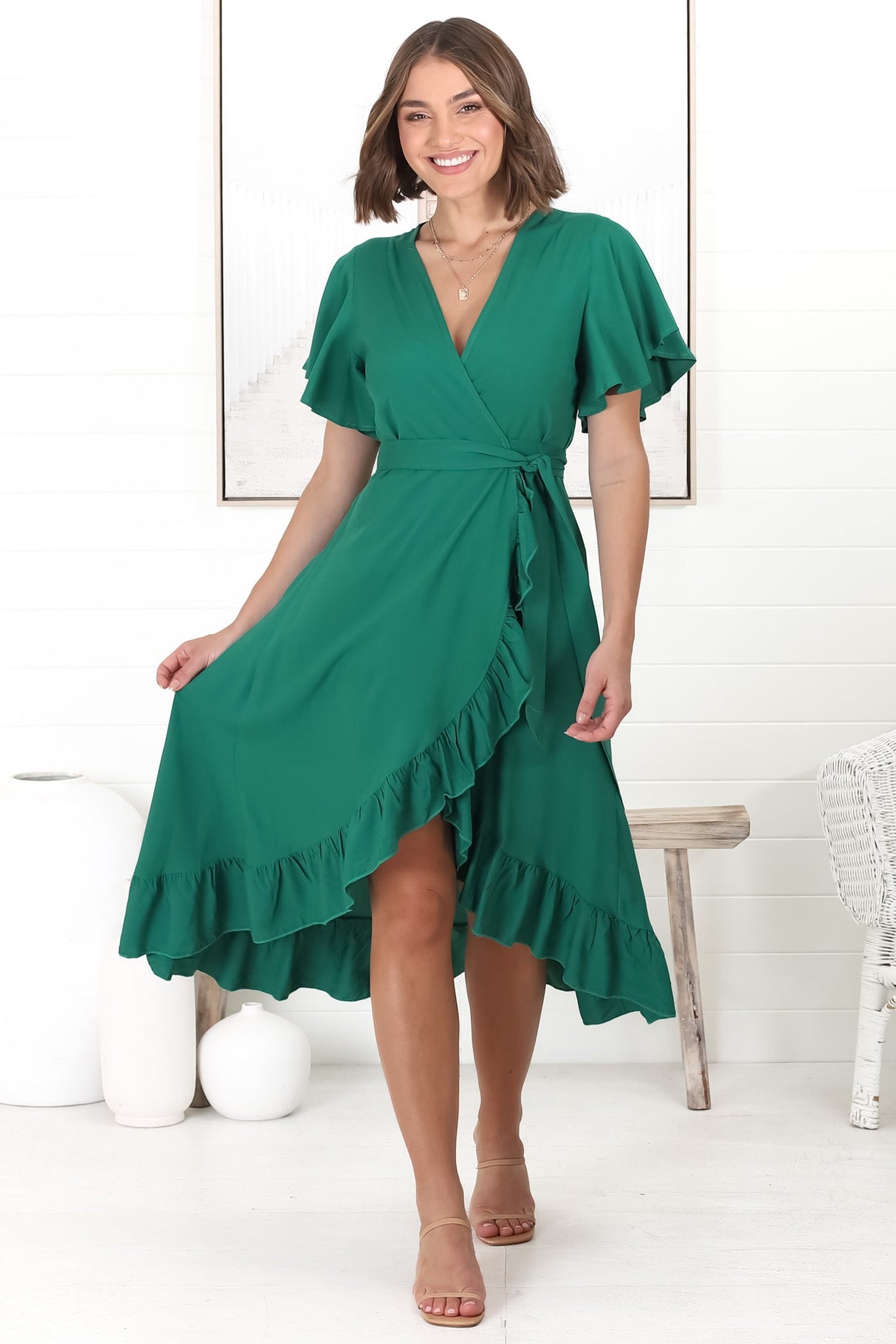 Carolina Midi Dress - V Neck Wrap Dress with Ruffle High Low Hemline in Emerald