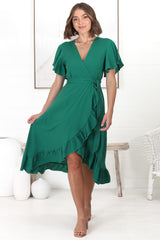 Carolina Midi Dress - V Neck Wrap Dress with Ruffle High Low Hemline in Emerald