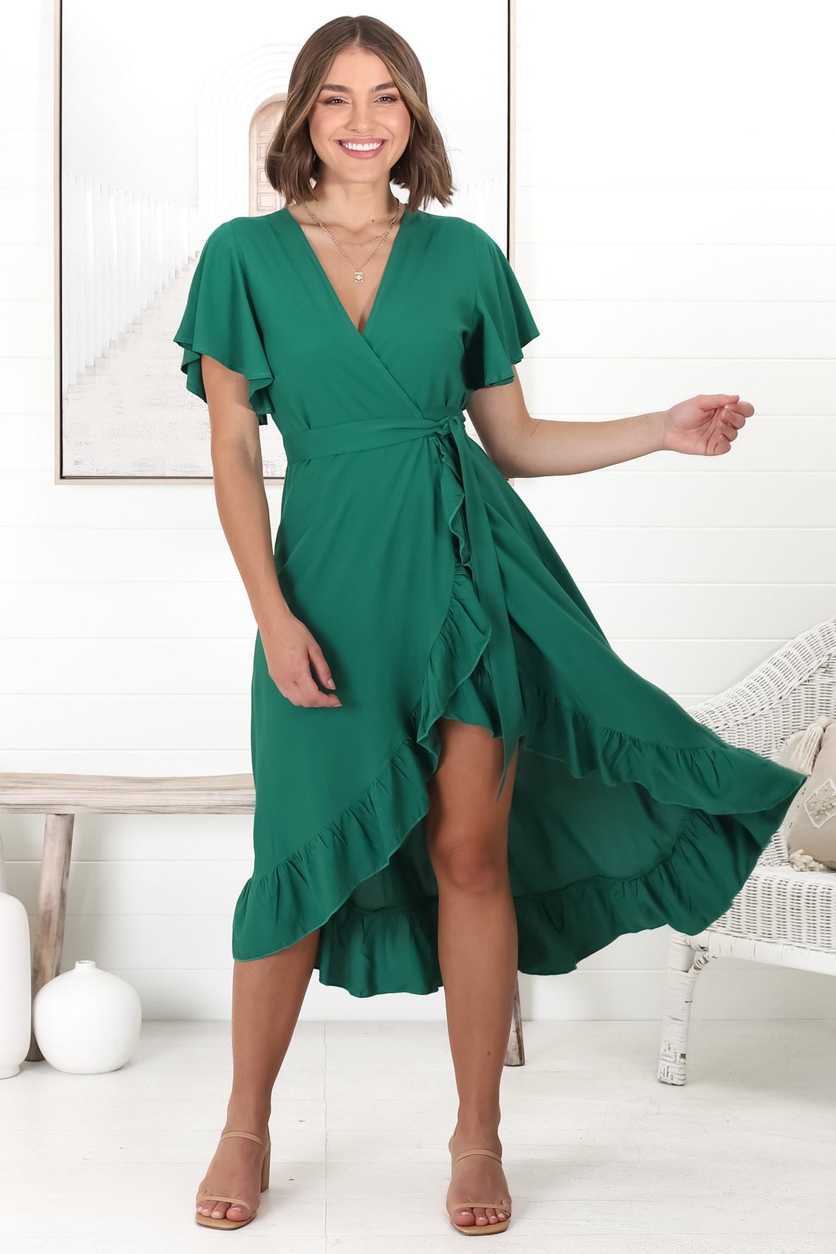 Carolina Midi Dress - V Neck Wrap Dress with Ruffle High Low Hemline in Emerald