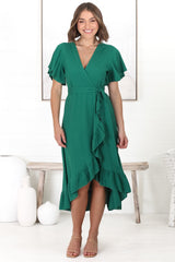 Carolina Midi Dress - V Neck Wrap Dress with Ruffle High Low Hemline in Emerald