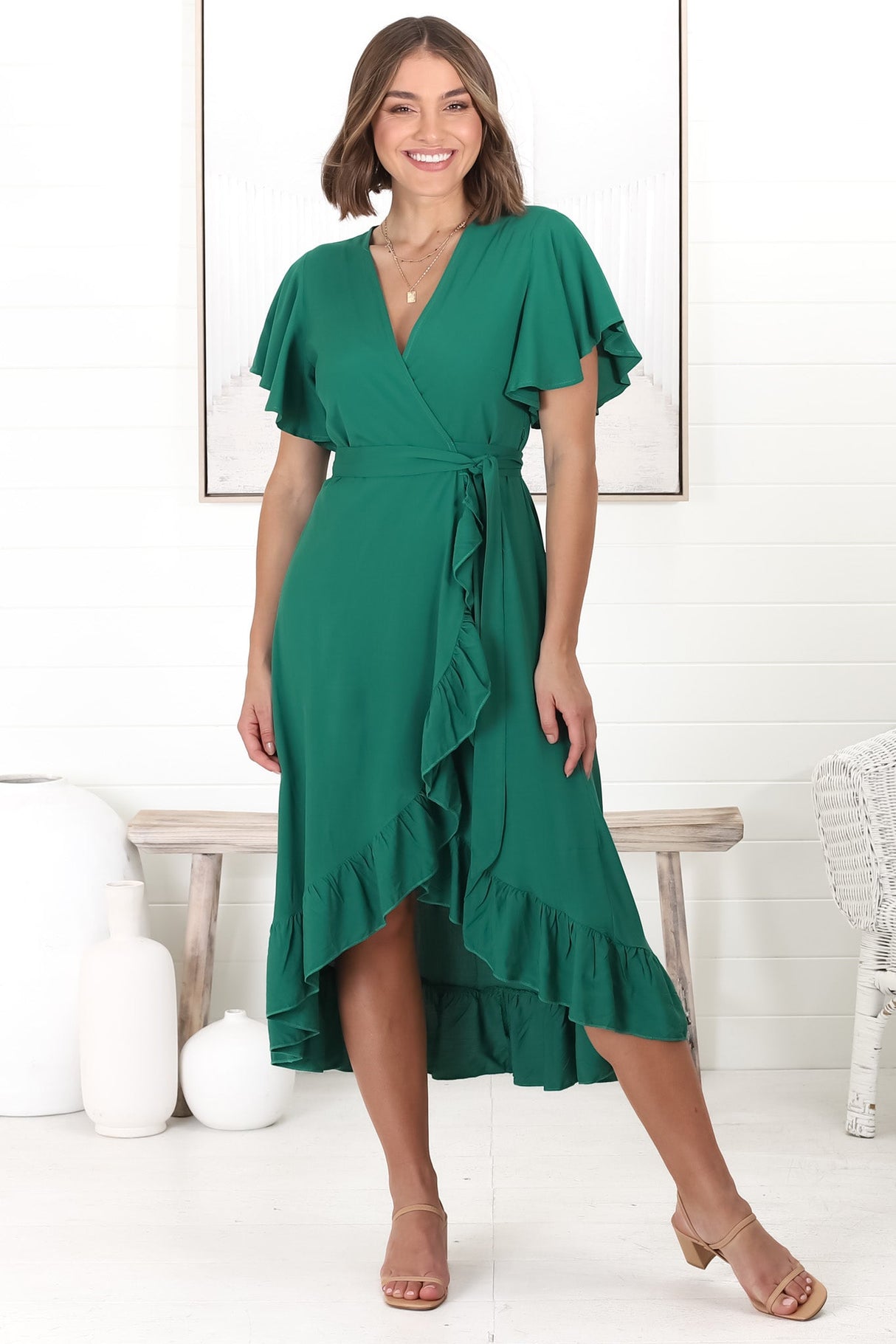 Carolina Midi Dress - V Neck Wrap Dress with Ruffle High Low Hemline in Emerald