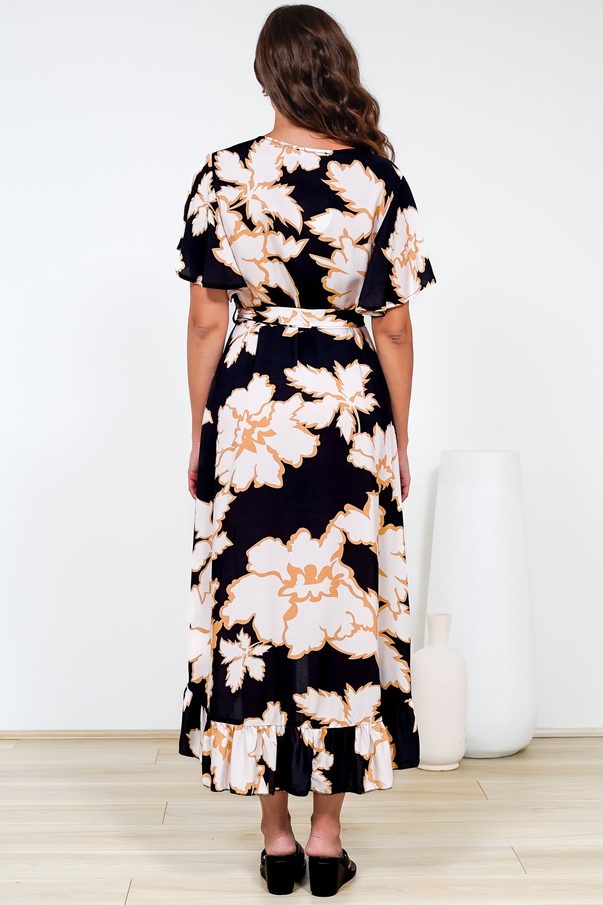 Carolina Midi Dress - V Neck Wrap Dress with Ruffle High Low Hemline in Illaria Print