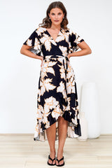 Carolina Midi Dress - V Neck Wrap Dress with Ruffle High Low Hemline in Illaria Print